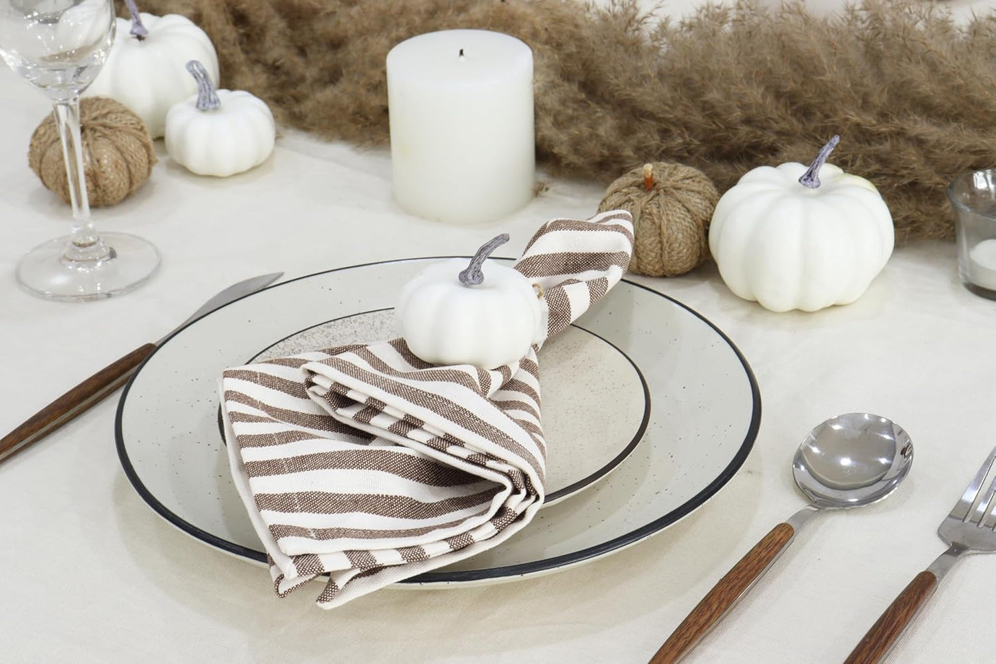 PurpleEssences Plain Striped Cloth Napkins - Set of 12-100% Cotton - 18 x 18 Inch - Fall Thanksgiving - Perfect Everyday Use Dinner Napkin - Nut Brown and Ivory
