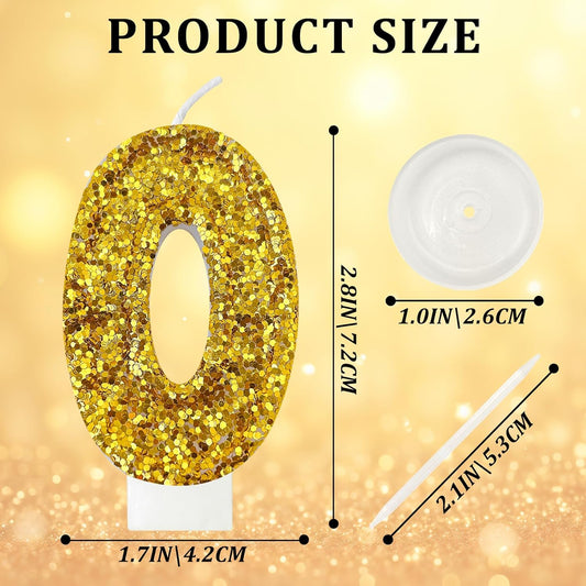 Birthday Number Candles, Glitter Number Candle Cake Decorations with Sequins, Cupcake Decorations for Girls, Women, Party Anniversary Celebrations (Number 0, Golden)