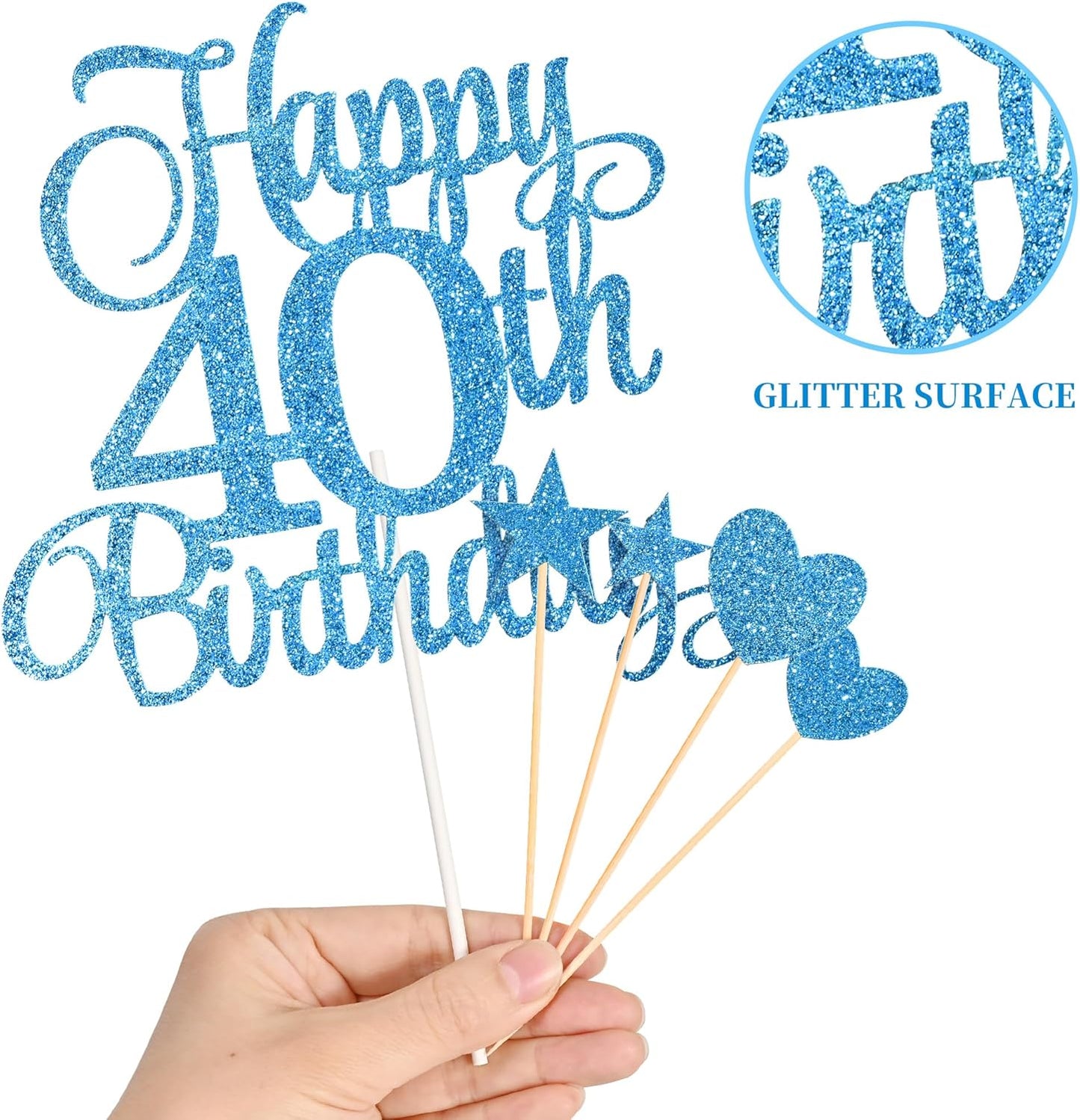 40th Birthday Cake Decorations, 40th Birthday Candles Cake Numeral Candles and Glitter Happy 40th Birthday Cake Toppers Set for Birthday Party Supplies (Blue)