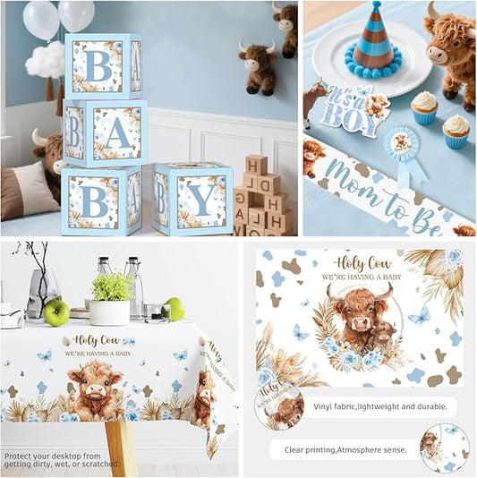 Cocomigo 241pcs Highland Cow Baby Shower Decorations for Boy, One-stop Package Includes 40 Plates 2 Tablecloths 1 Sash and 1 Pin, Complete Balloon Arch Tableware Set for Baby Shower