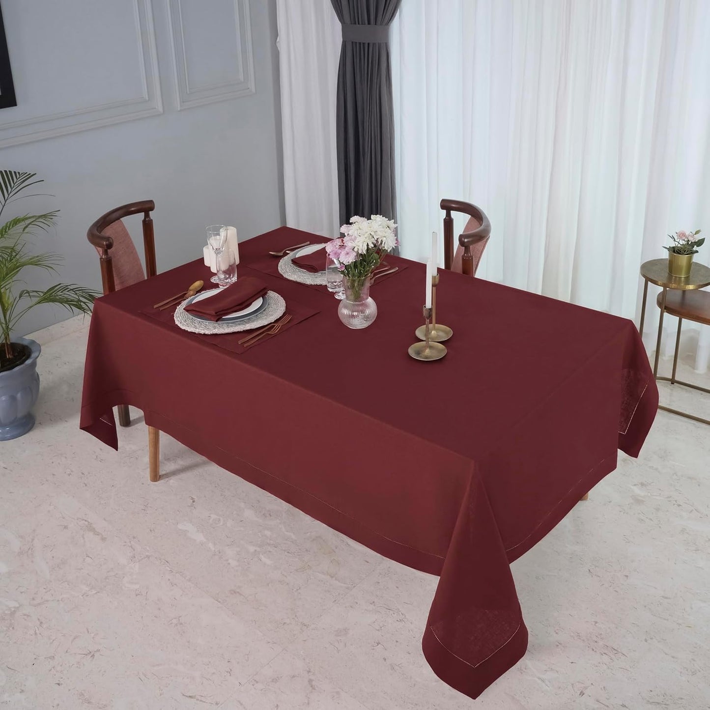 D'Moksha Homes Dark Red Linen Tablecloth for Rectangle Tables 60 x 102 Inch - Classic Hemstitch 100% Pure Linen Red Table Cloth - Machine Washable Dining Tablecloth for Thanksgiving, Christmas