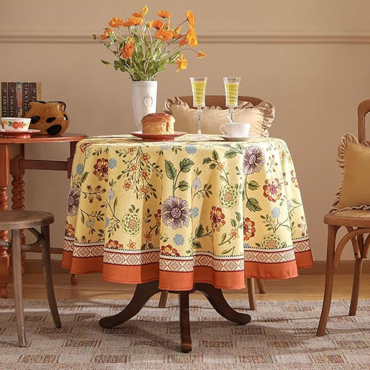 Vintage Linen Tablecloth for Round Table,Yellow Floral French Wrinkle Free Tablecloths,Decorative Table Cover for Kitchen,Dining,Thanksgiving,Party,Farmhouse,Diameter 67"-Bellano