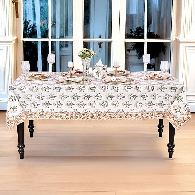 Ridhi Hand Block Print Mughal Buta Peach Rectangle Cotton Tablecloth 120" x 80" Reusable Table Cover Decorative Everyday Use for Dining, Farmhouse, Home Gift for Spring, Easter, Valentine