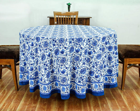 90 Inches Round Hand Block Printed Cotton Tablecloth, Blue White Floral Table Cloths Washable, Indian Table Linen for Dinning Home Decor Autumn Outdoor Thanksgiving Gifts 6 Seater