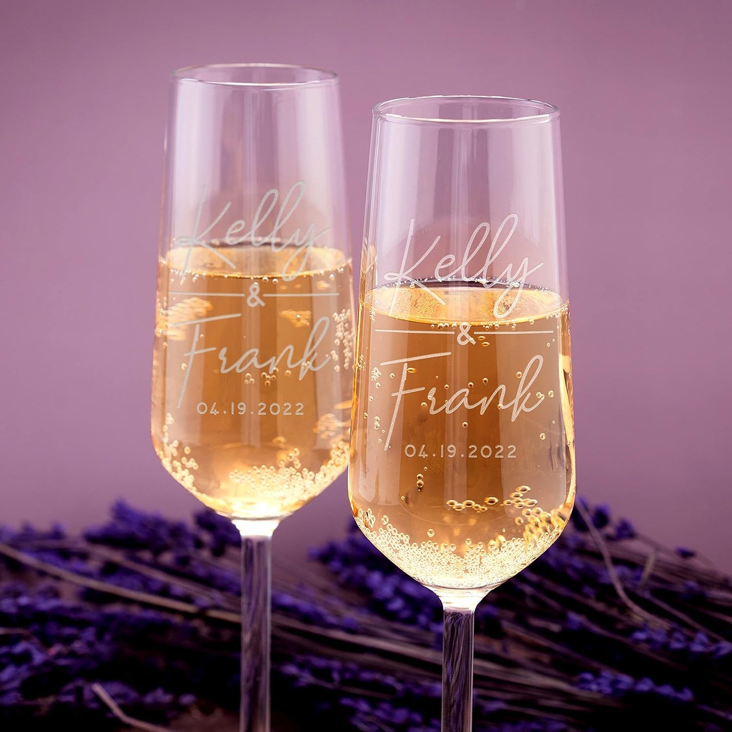 GIFTBYGIFTY Personalized Wedding Champagne Flutes for Bride and Groom - Set of 2, 7 oz, 2 Designs - Champagne Glasses for Engagement with Your Names and Date - D1