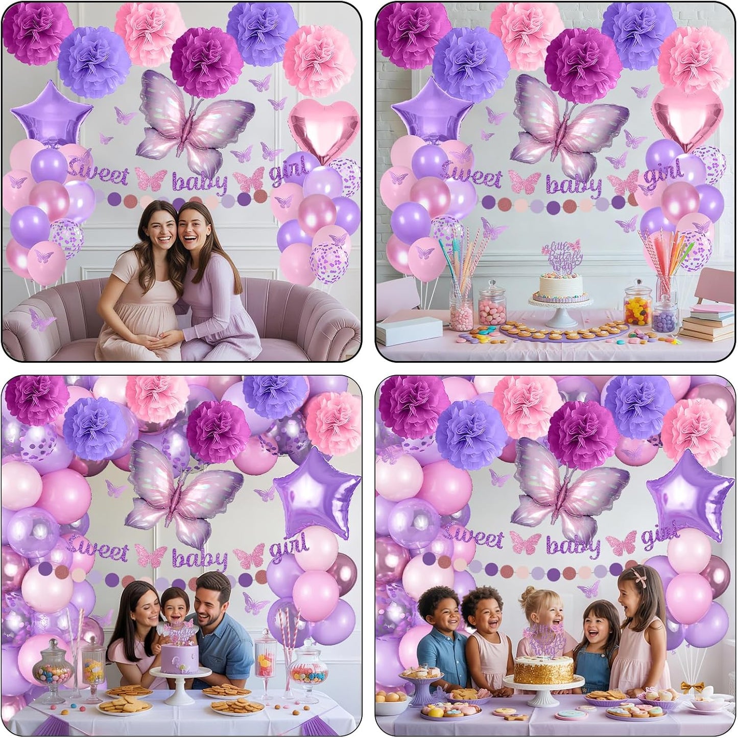 Butterfly Baby Shower Decorations for Girl, Sweet Baby Girl Banner with Pearl Pastel Purple Light Pink Latex Foil Balloons Cake Topper Pom Poms for A Little Butterfly Is On The Way Decoration Supplies