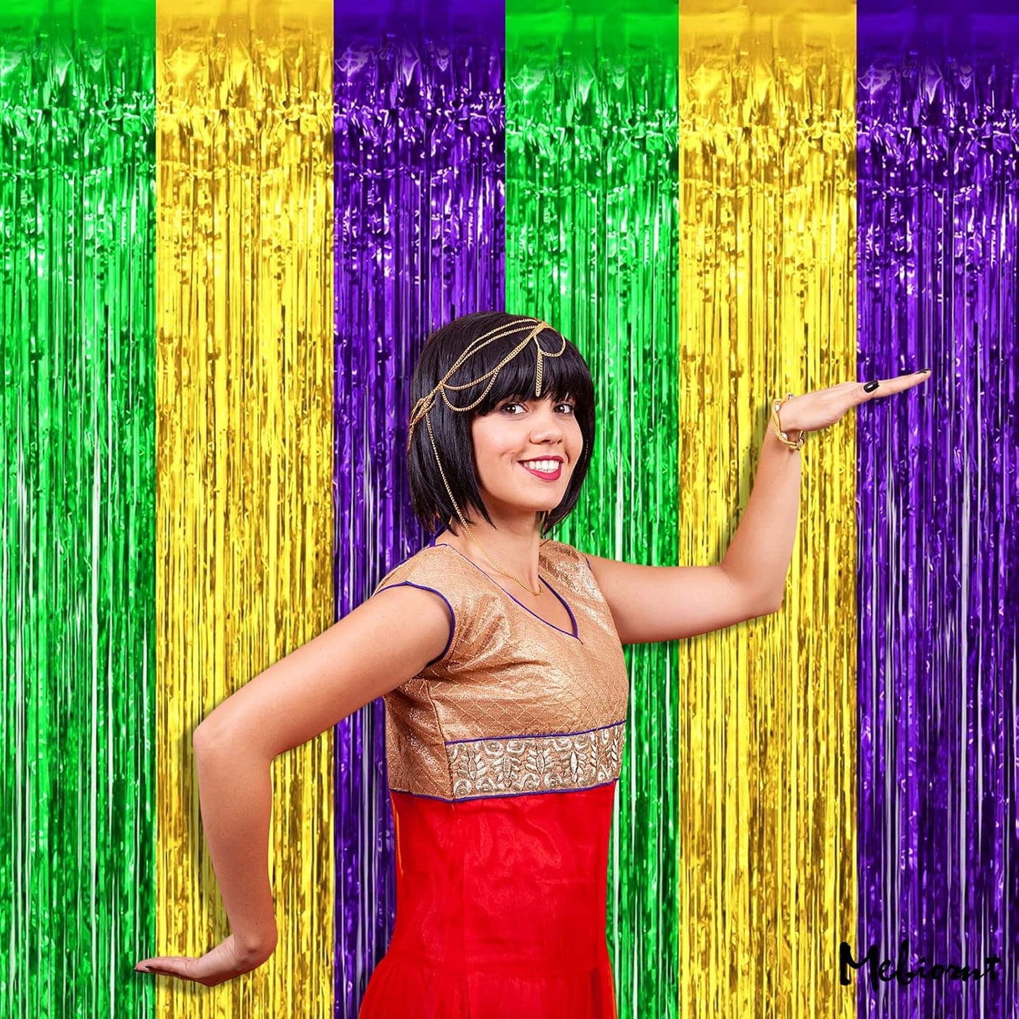 4 Pack 3.2Ft x 9.8Ft Mardi Gras Fringe Curtain Backdrop, Gold Green Purple Metallic Tinsel Foil Fringe Streamers Curtains Background for Photo Booth Birthday Wedding Carnival Party Decorations