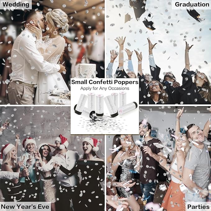 Confetti Cannon 8 Pack Small Silver Confetti Poppers ideal for Weddings, Birthdays, Graduations, Baby Showers, New Year's Eve Parties Fun Party Decorations