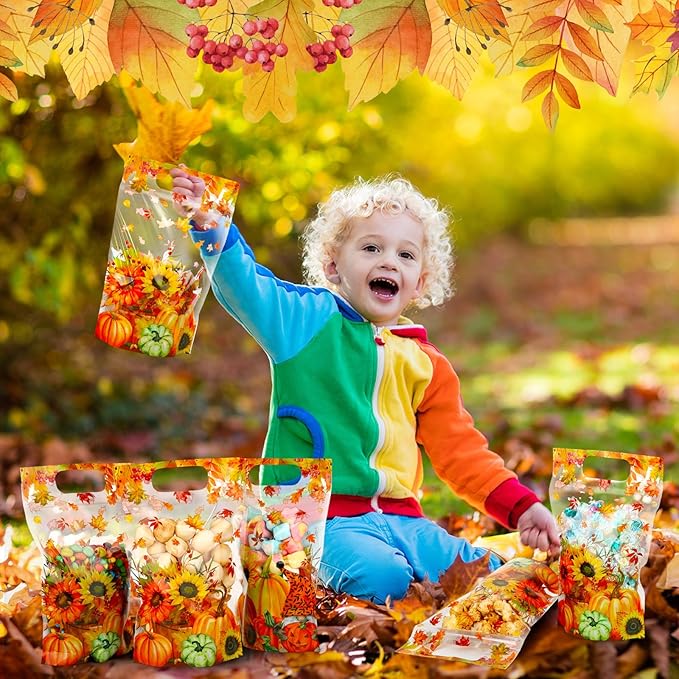 Blosssound 50 Pcs Thanksgiving Gift Bags Resealable Fall Goodie Bags Pumpkin Plastic Pouches Maple Leaf Sealing Pouches with Handles for Autumn Harvest Party Gift Wrapping Supplies Decor (Maple Leaf)