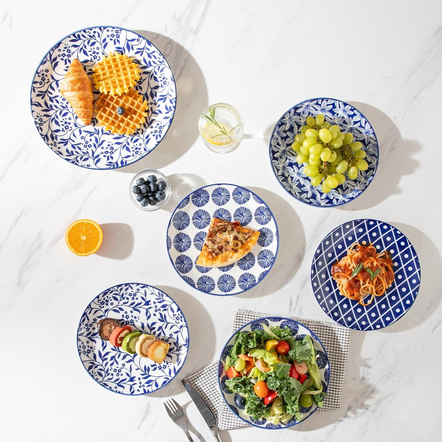 Sweejar Ceramic Dinner Plates Set, 8 Inch Porcelain Dessert Plates, Microwave & Dishwasher Safe Cake Plate for Salad, Pasta, Meat Steak, Set of 6(Vintage Blue)