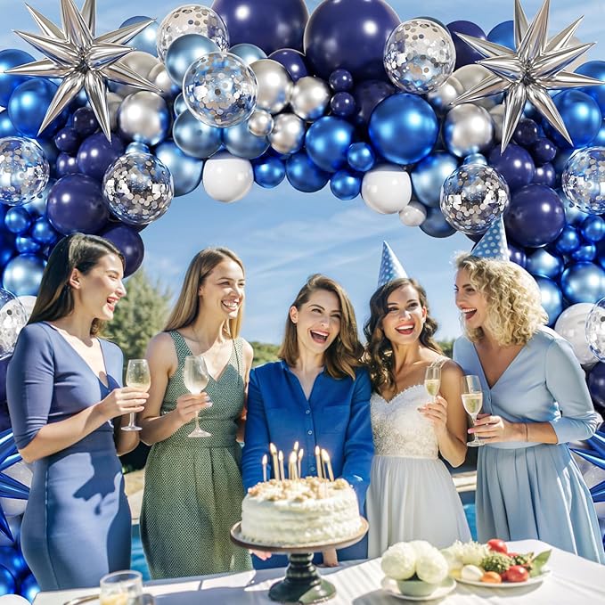 Blue White Silver Balloon Garland Arch Kit, 140Pcs Navy Light Metallic Blue Silver White Confetti Balloons With Stars for Birthday Wedding Birdal Shower Graduation Fathers Day Party Decorations