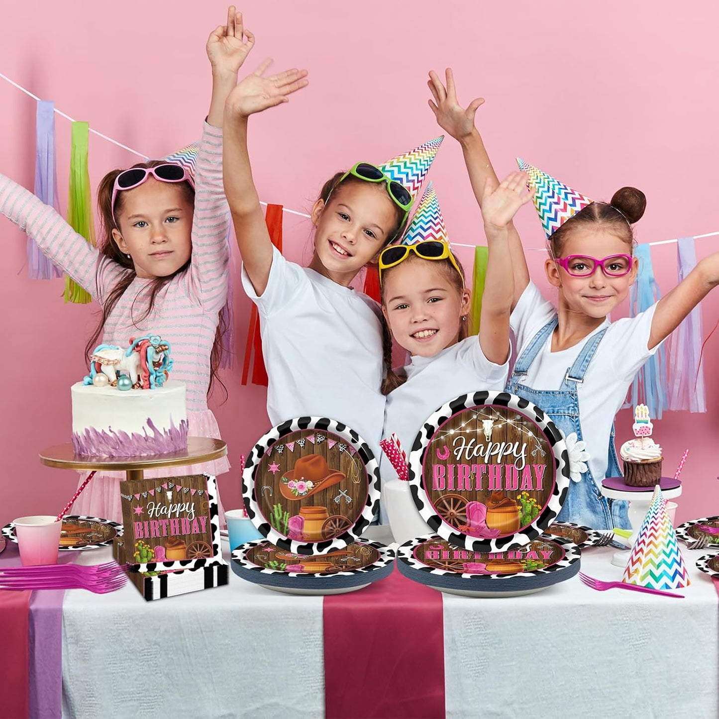 gisgfim 200pcs Cowgirl Birthday Party Decorations - Western Plates, Napkins & Disposable Forks - Pink Cow Western Girl Rodeo Tableware Set - Serves 50