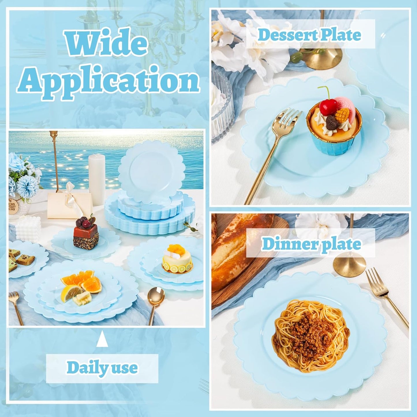 supernal 100pcs Blue Scalloped Plastic Plates-Blue Disposable Plates Heavy Duty-Disposable Plate Set for Party Wedding-Include 50 Plastic Dinner & Dessert Plate Perfect for Thanksgiving,Christmas