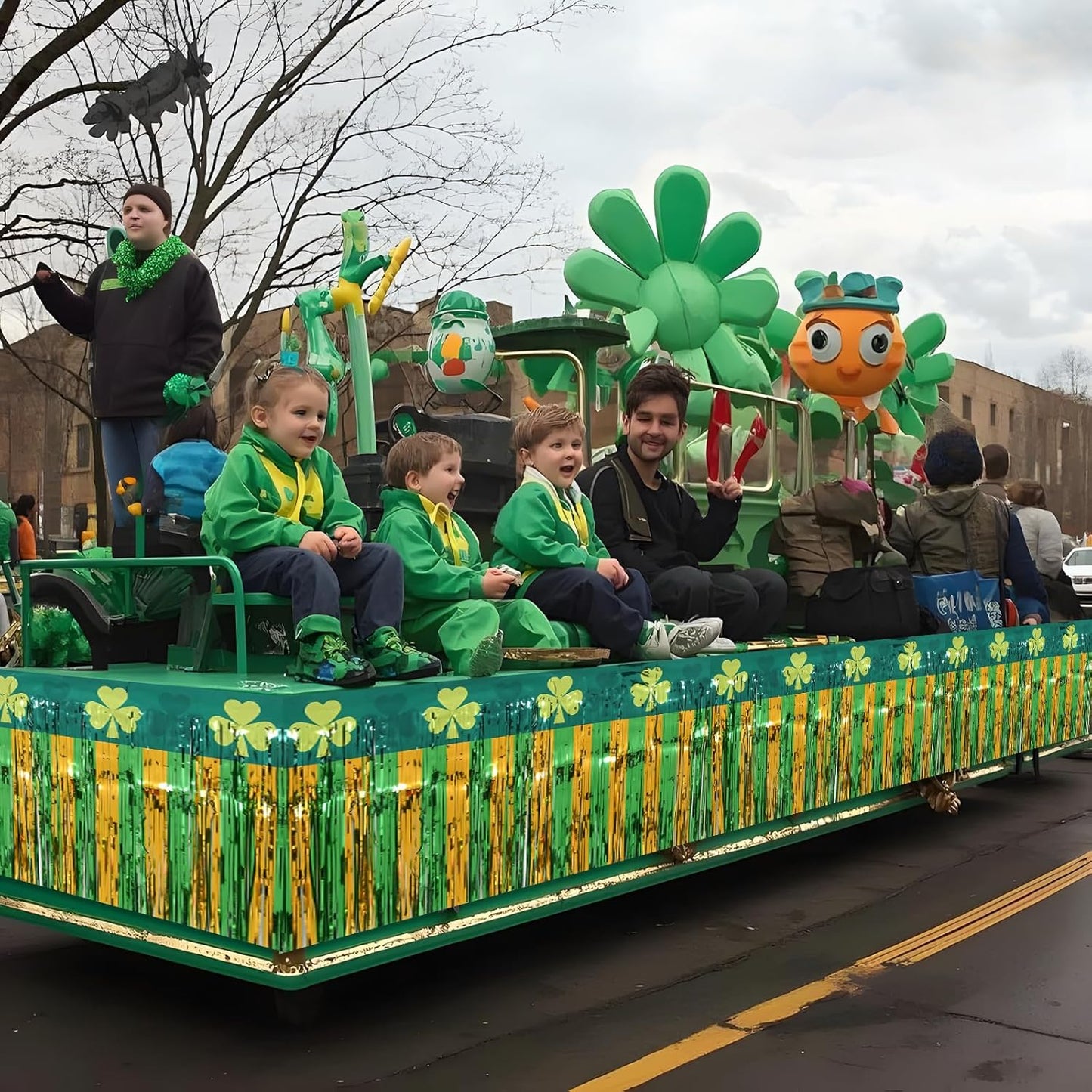 Mega-L St Patricks Day Decorations 4 Pack 78Ft Foil Fringe Garland Tinsel Banner, Green Gold Shamrock Pattern Metallic Hanging Backdrop Streamers Table Skirts for Birthday Party Parade Float Golf Cart