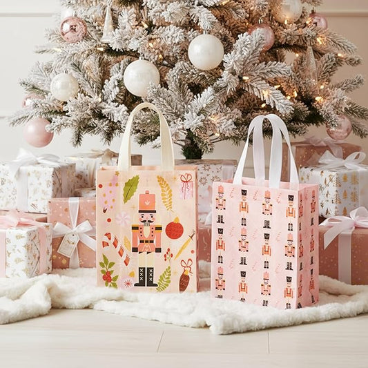 Wovnet 30 Pcs Christmas Bags Bulk Pink Nutcracker Merchandise Gift Bags with Handles Reusable Non Woven Tote Shopping Goodie Pouch for Xmas Party Favors 10 x 8 x 4in