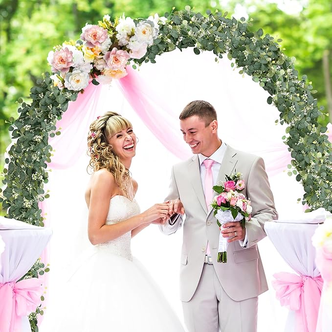 2 Pcs Eucalyptus Garland with White Gypsophila,5.9FT Artificial Greenery Garland Fake Vines Eucalyptus Garland for Wedding Centerpiece Table Party Indoor Outdoor Wall Decor