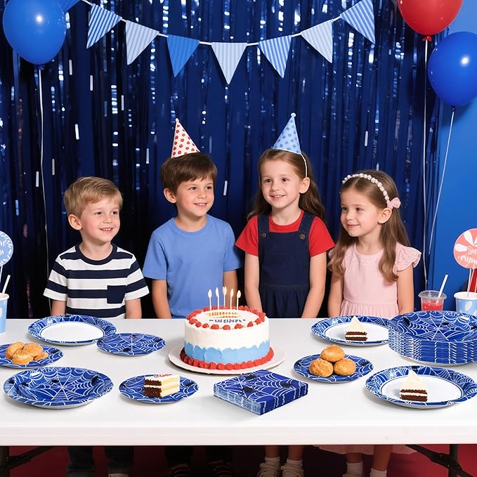 75pcs Spider Party Supplies, 25 Guest Disposable Blue Paper Plates & Napkins, Tableware Decorations Favors, Including 9" & 7" Plates & Napkins for Halloween, Birthday, Parties, and Everyday Use