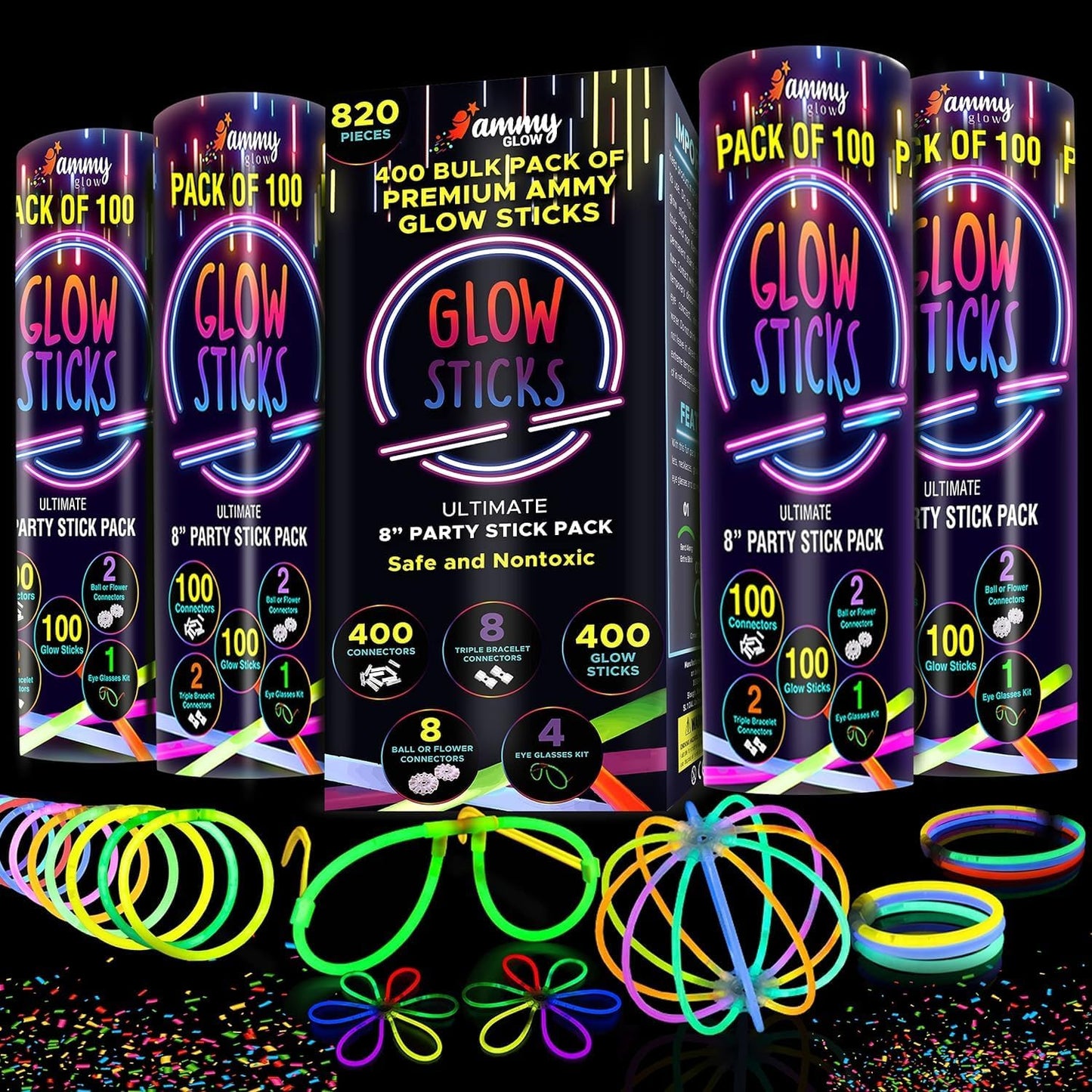Ammy Glow-205 Pcs-Glow Sticks Bulk Party Pack -halloween party favors,Glow in The Dark Party Supplies - Eye Glasses, Glow Bracelets & Necklaces - Wedding Favors (Tube packed)