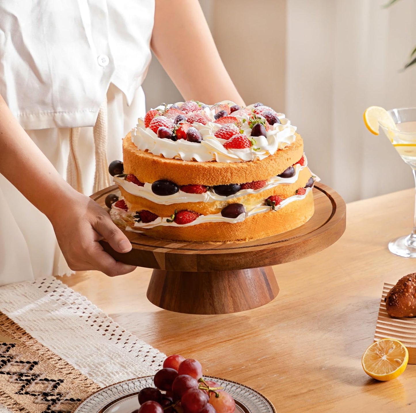 HBlife Cake Stand with Lid (11.4"), Multifunctional Cake Stand with Acrylic Dome, Acacia Wood 6-in-1 Cake Plate Display Stand with Cover for Baking Gifts, Birthday Kitchen Parties, Weddings