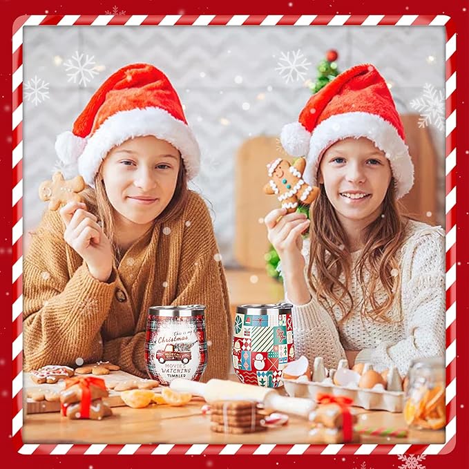Christmas Wine Tumbler 12 oz Christmas Stainless Steel Wine Glass with Lid and Straw Stemless Double Wall Insulated Wine Cups Keeping Cold & Hot for Holiday Xmas Wedding Party Gifts (puzzle)