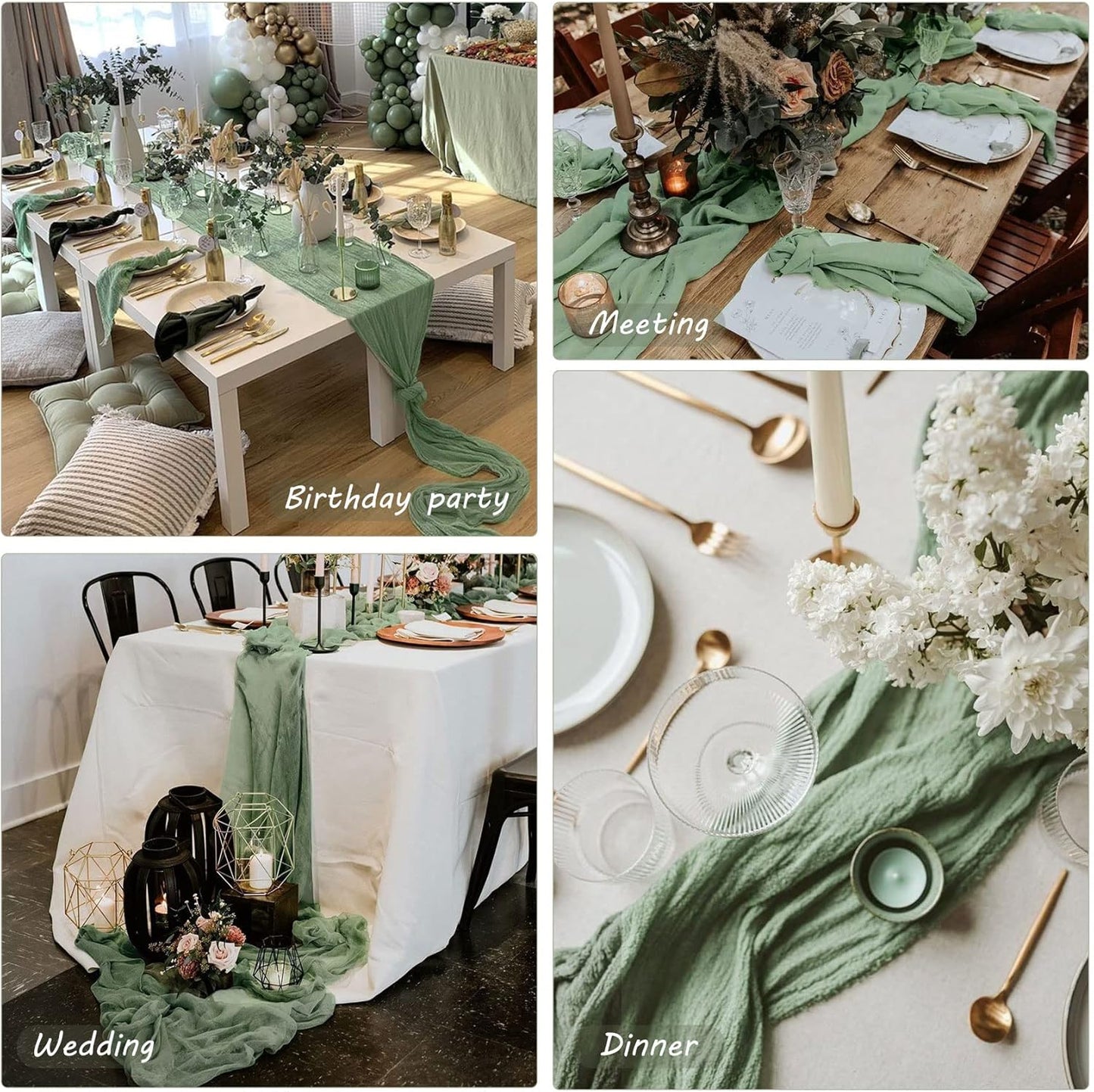 12 Pack 13Ft Cheesecloth Table Runner 35x157 Inch Boho Gauze Table Runner Cheese Cloth Long Rustic Table Runners for Wedding Bridal Shower Birthday Party Table Decor (Dusty Sage Green)