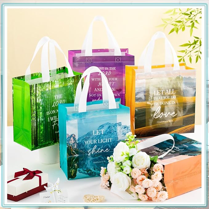 HunnmingRe 32 Pcs Christian Gift Bags Bulk, Easter Reusable Scene Religious Bible Verse Tote with Handles Non Woven Scripture Pastor Blessing Gift for Baptism Church Wedding Favors