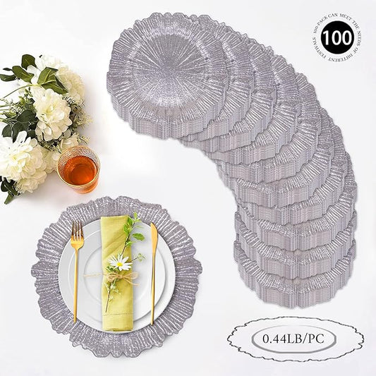 MAONAME 13" Silver Charger Plates Set of 100, Reef Plate Chargers Bulk, Round Charger for Dinner Plates, Plastic Table Chargers for Wedding Decor