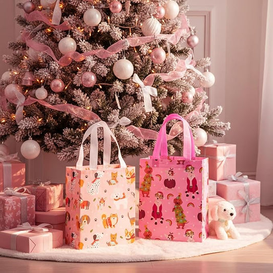 Wovnet 30 Pcs Dog Themed Gift Bags with Handles Pink Dog Tote Bags Reusable Non Woven Shopping Goodie Treat Bag for Puppy Birthday Party Adoption Celebration, Pet Lover, 10 x 8 x 4in