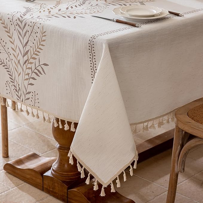 Joyfol Day Rustic Waterproof Linen Tablecloth, Heavy Weight Fern Embroidery Table Cloths for Rectangle Tables, Farmhouse Spill-Proof Table Covers with Tassels, Coffee 55''x 86''