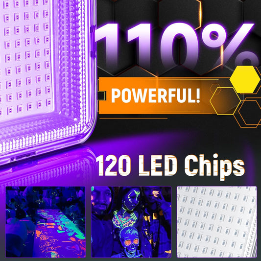 LED Black Ligh,Rechargeable 5000mAh 120 UV led, IP65 Waterproof & Magnetic, Long Runtime Ultraviolet Light for Neon Glow Party, Halloween, UV Posters, Body Paint, Fluorescent Art