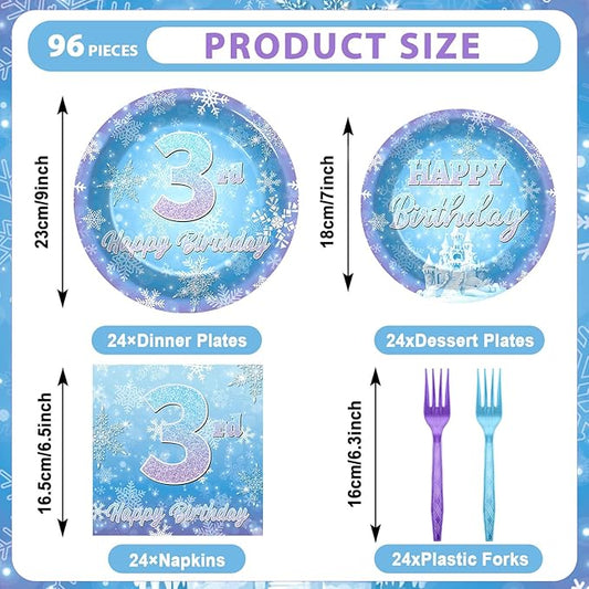 Snowflake Winter Wonderland 3rd Birthday Paper Plates Napkins Forks Disposable Dinnerware Happy 3rd Birthday Blue and Purple Winter Snowflake Tableware for Kids Christmas onderland Party Decorations
