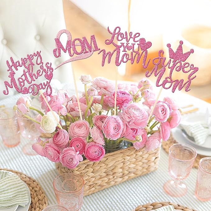 12 PCS Happy Mother's Day Centerpiece Sticks Double Sided Glitter Love Super Mom Best Mom Centerpieces for Happy Mother's Day Theme Table Flower Decorations Women Birthday Party Supplies Pink