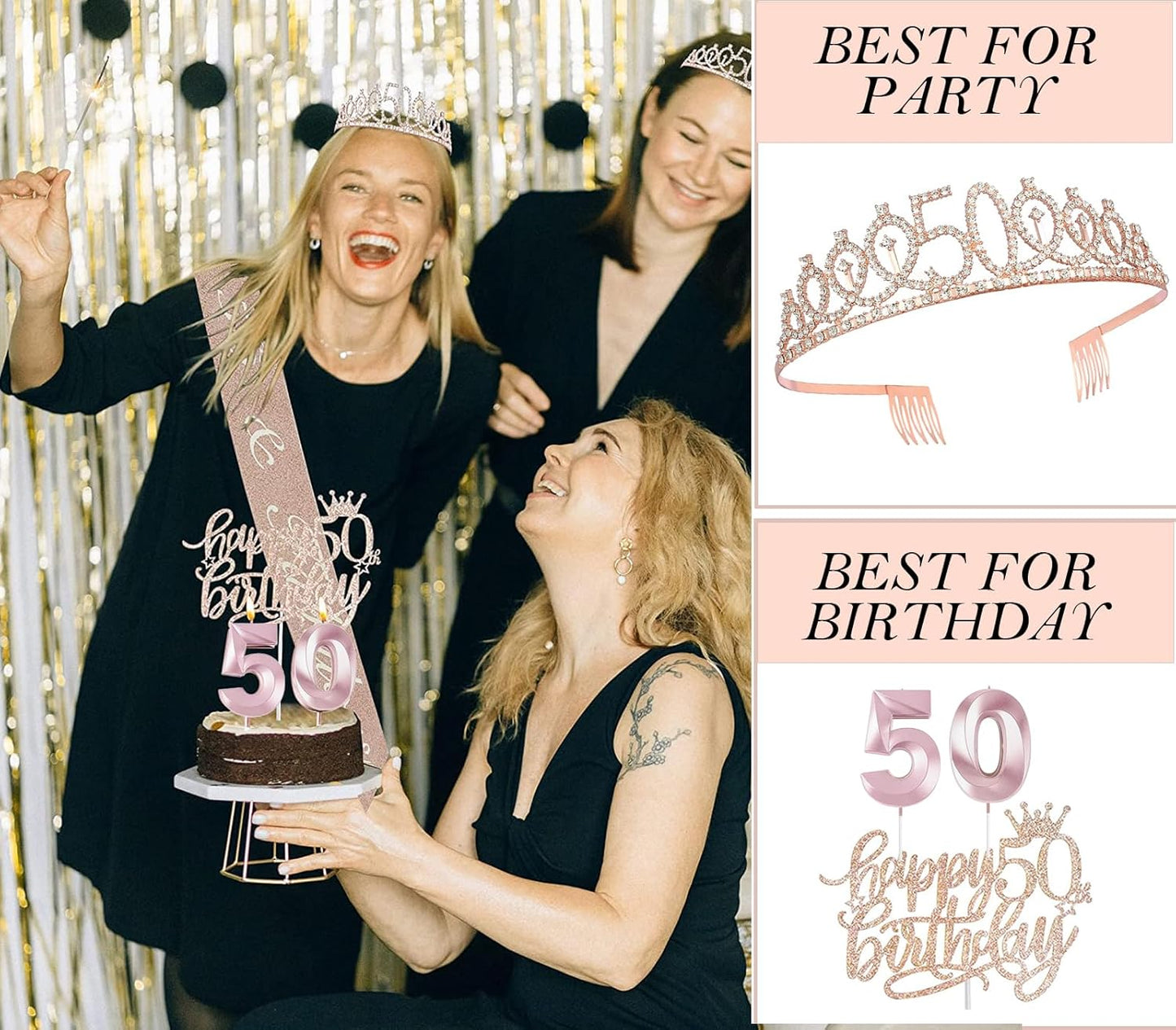 50th Birthday Gifts Decorations for Women, Including 50th Cake Toppers, Birthday Queen Sash with Pearl Pin, Sweet Rhinestone Tiara Crown, Number Candles and Balloons Set, Rose Gold