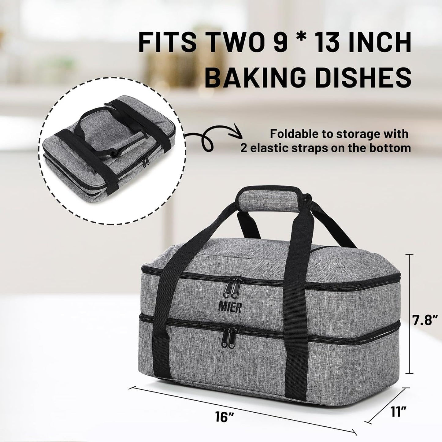 MIER Insulated Casserole Carrier Fits 9"x13" Baking Dishes/Foil Pans, Double Food Carriers Bag Thermal Holder for Hot or Cold Food Lasagna Lugger Potluck Parties Picnic Travel, Gray