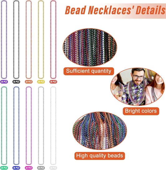 100PCS Mardi Gras Beads, Colorful Beads Necklace Toy Party Favors, 33" Bead Costume Accessories Bulk, Festival Mardi Gras Parade Throw Accessories Wedding Birthday Celebrations Decor