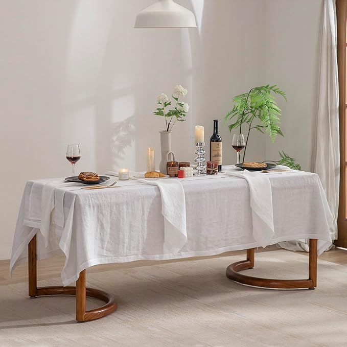 EVERLY Pure Linen Hemstitch Tablecloth,100% Stonewashed French Linen tablecloths for Kitchen Dining Rectangle Tables,60x144Inch Machine Washable Christmas Thanksgiving Organic Tablecloth-White