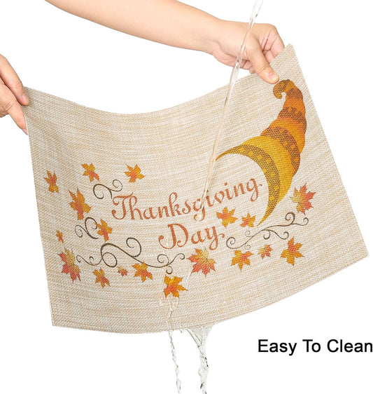 Thanksgiving Placemats Set of 6 Fall Place Mats Pumpkin Maple Leaves Table Mats Washable Non-Slip Heatproof Woven Placemats for Dining Table (17.7" X 11.8")