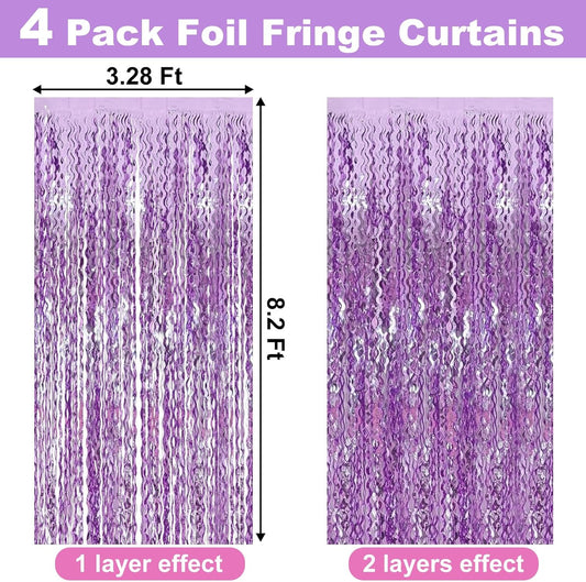 4 Pack Light Purple Fringe Curtain Backdrop 3.2Ft x 8.2Ft Metallic Tinsel Foil Fringe Streamers Background for Photo Booth Mother's Day, Easter, Carnival, Birthday, Wedding Party Decoration