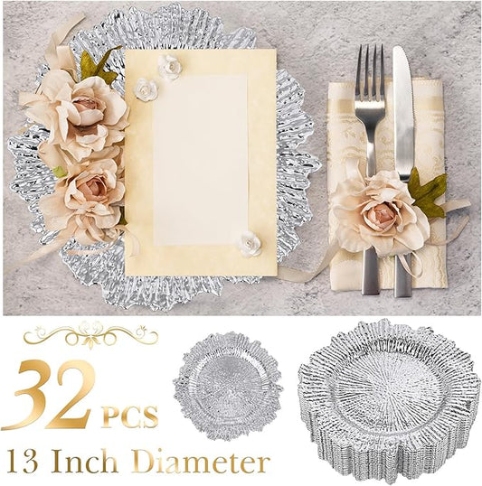 32 Pack Charger Plates Set Reef Chargers for Dinner Table Serving Tray Floral Plastic Decorative Plates for Table Setting Wedding Party, 13 Inch(Silver)