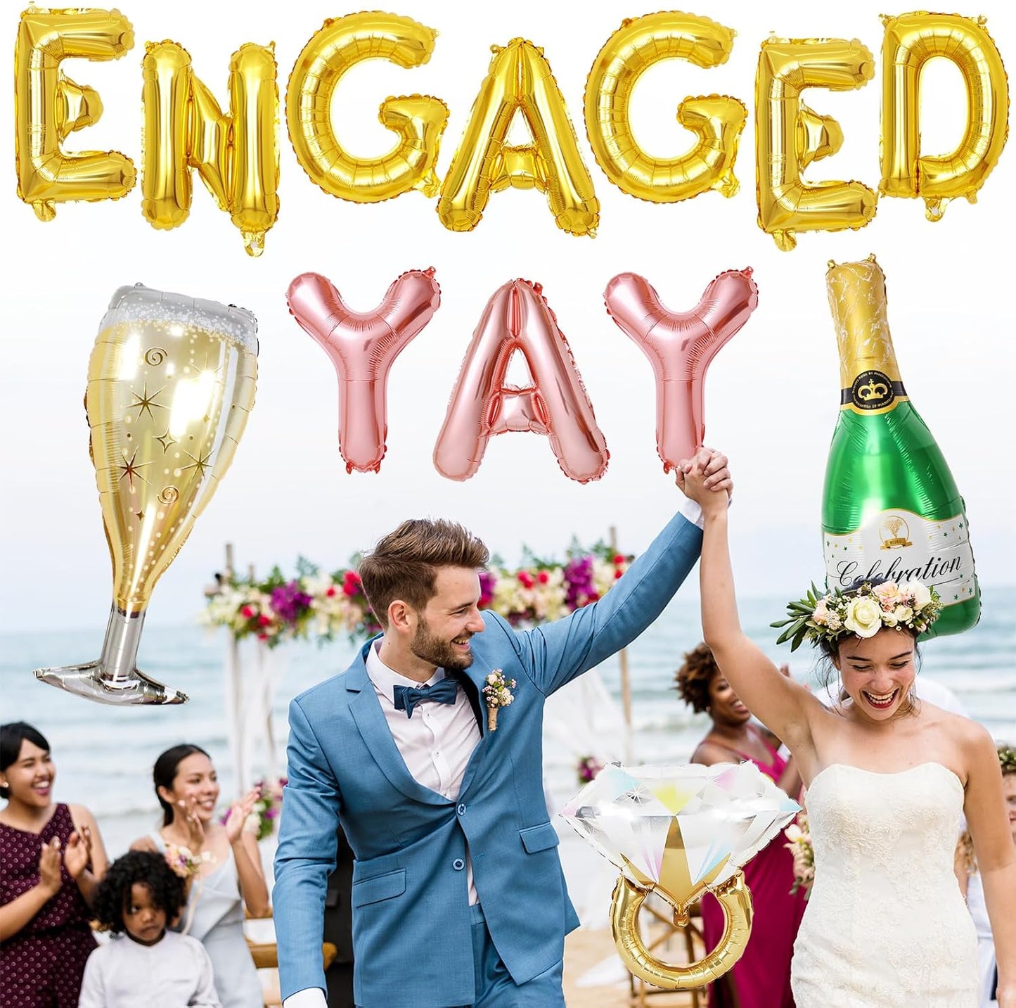 Gold Engagement Party Decorations, Engaged Yay Balloons Letters Banner, Diamond Ring Green Champagne Bottle Balloon Glass Foil Balloon for Bachelorette Engagement Wedding Bridal Shower Party Supplies