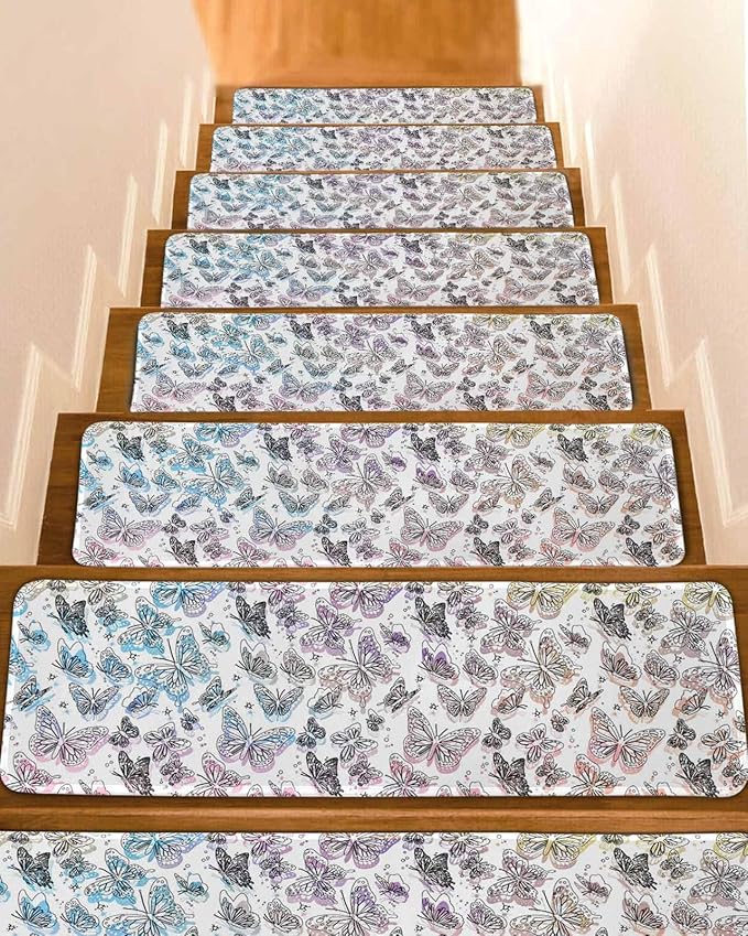 Spring Day Stair Treads Non Slip for Wooden Steps Abstract Simple Line Butterflies Colorful Gradient Stair Runner Carpet Reusable Adhesive Staircase Rugs for Dogs, Elders and Pets, 8x30 Inch, 7PCS