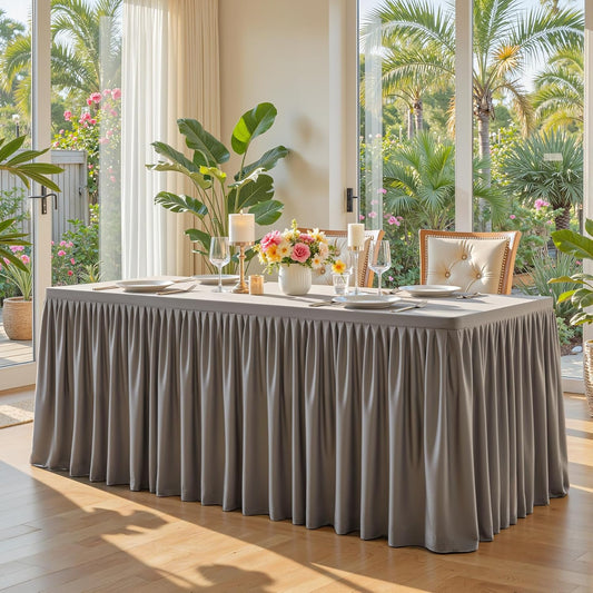 Natural Table Clothes for Rectangle Tables 6ft, Wrinkle Resistant Fitted Table Cloth with Pleated Ruffle Skirts for Banquet Wedding Baby Shower Folding Tables