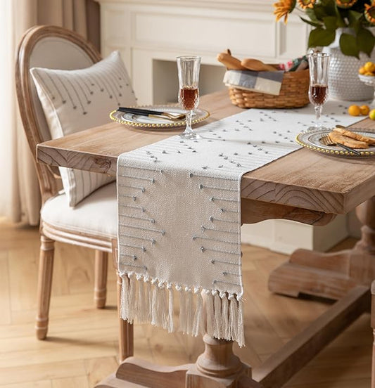 Boho Table Runner 13 x 60 Inch Long Natural Cotton Woven Runner with Tassels for Home Dining Table décor, for Modern Farmhouse Decor Coffee Table Runner, Grey and Beige