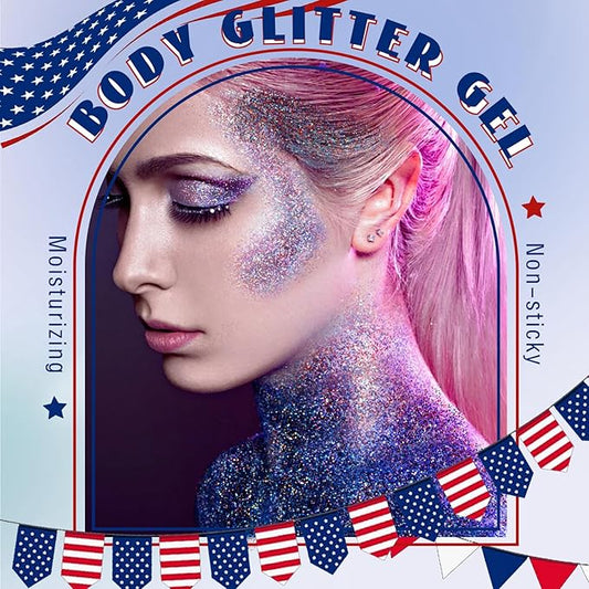 HOSAILY Red White and Blue Roll-on Body Glitter Gel, 4th of July Accessories Holographic Face Glitter Gel, Fourth of July Sequins Makeup for President's Day Patriotic Veterans Day