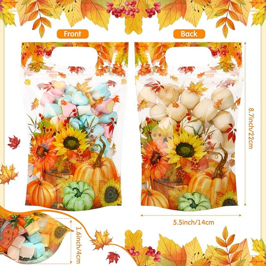 Blosssound 50 Pcs Thanksgiving Gift Bags Resealable Fall Goodie Bags Pumpkin Plastic Pouches Maple Leaf Sealing Pouches with Handles for Autumn Harvest Party Gift Wrapping Supplies Decor (Maple Leaf)