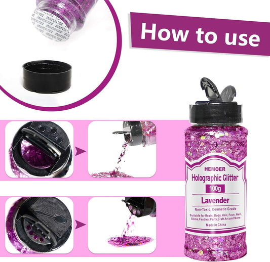 HEMOER 100g Holographic Glitter, Cosmetic Mixed Hexagon Chunky & Fine Craft Glitter Resin Sequins for Epoxy Glass, Resin Art, Body, Hair, Face, Nail, Slime, Tumblers, Festival Party - Lavender