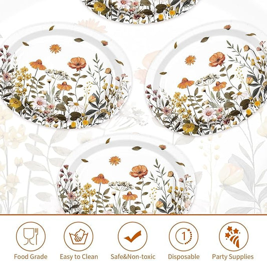 Grencian 50Pcs Spring Wildflower Oval Paper Plates 10" x 12" Large Disposable Watercolor Spring Floral Paper Plate Wildflower Birthday Decorations for Tea Lunch Dinner Birthday Party Supplies
