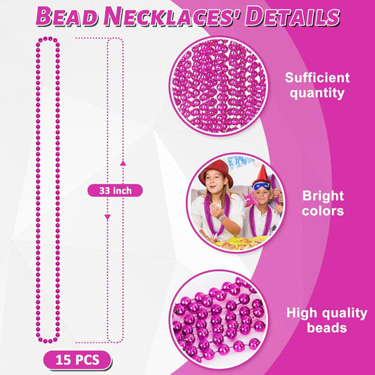 Breast Cancer Awareness Accessories, 15PCS Metallic Rose Red Bead Necklace Party Favors, 33" Mardi Gras Christmas Necklace Stuff, Festival Parade Throw Accessories for Wedding Birthday Gender Reveal