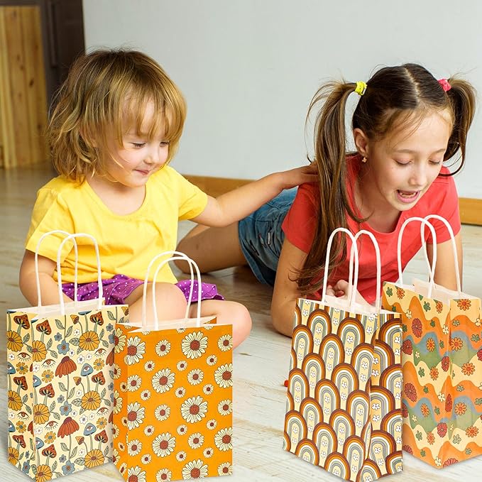 AnyDesign 12Pcs Retro Boho Gift Bags Bulk Rainbow Daisy Flower Paper Bags with Handle Vintage Boho Party Favor Bag for Wedding Birthday Baby Shower Bridal Shower Party Supplies, 5.9 x 8.3 x 3.1 Inch