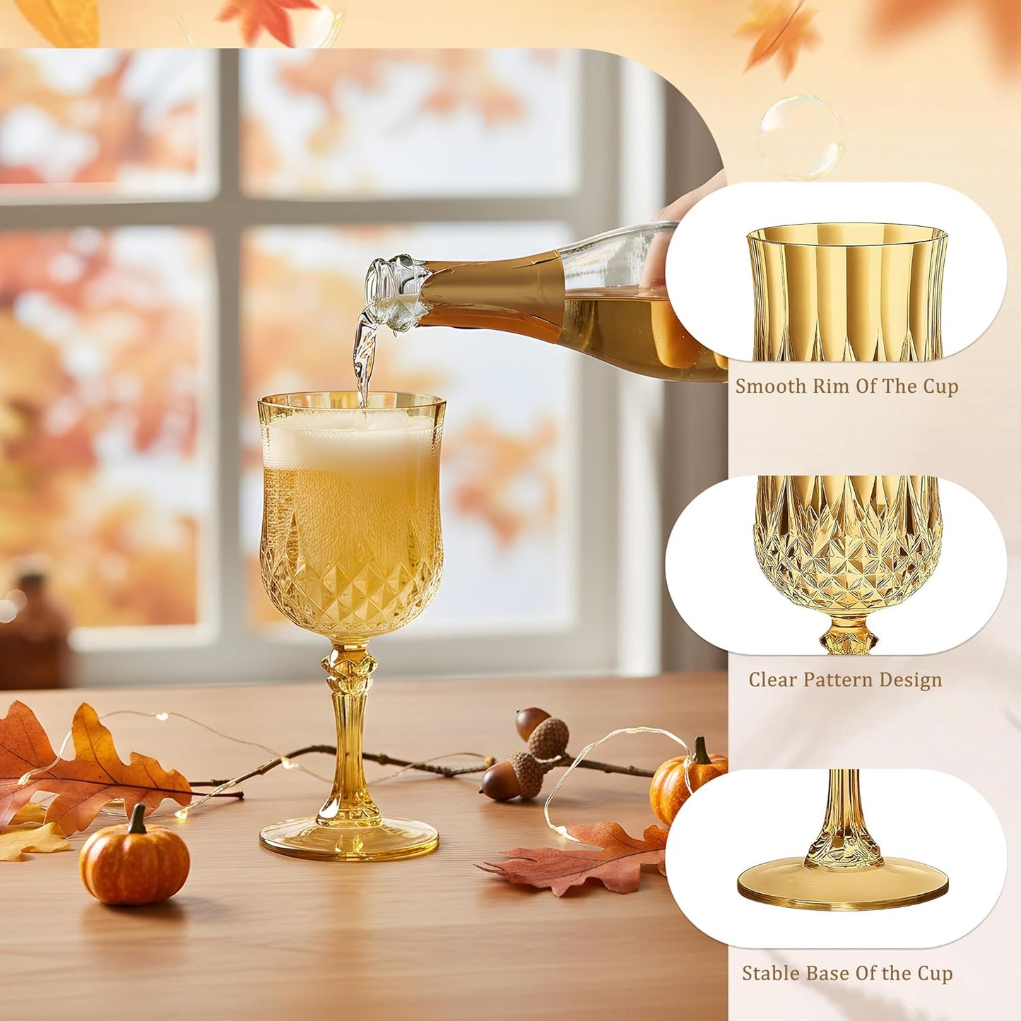 12PCS 7OZ Gold Wine Plastic Glasses, Drinking Champagne Glasses Flutes Crystal Vintage Water Unbreakable Goblets for Autumn, Wedding, Parties